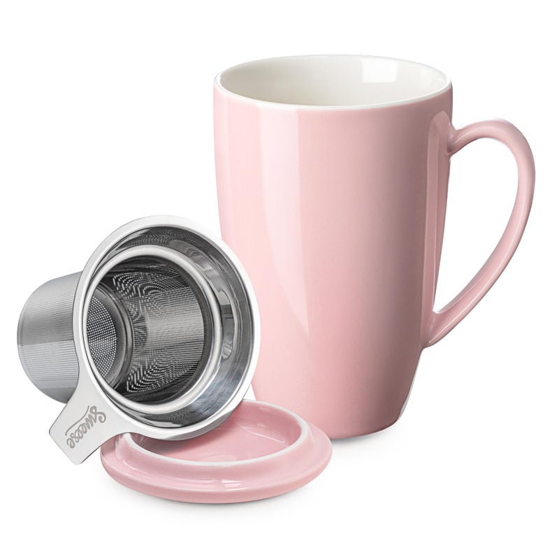 Sweese 15 OZ Porcelain Tea Mug with Infuser and Lid, Loose Leaf Tea Cup, Gifts for Tea Lover, Pink - Image 1